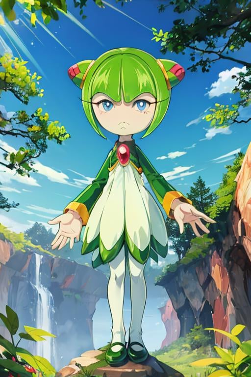 1girl, cosmotheseedrian, blue eyes, short hair, green hair, cone hair bun, dress, frown, standing, forest <lora:cosmo:1>