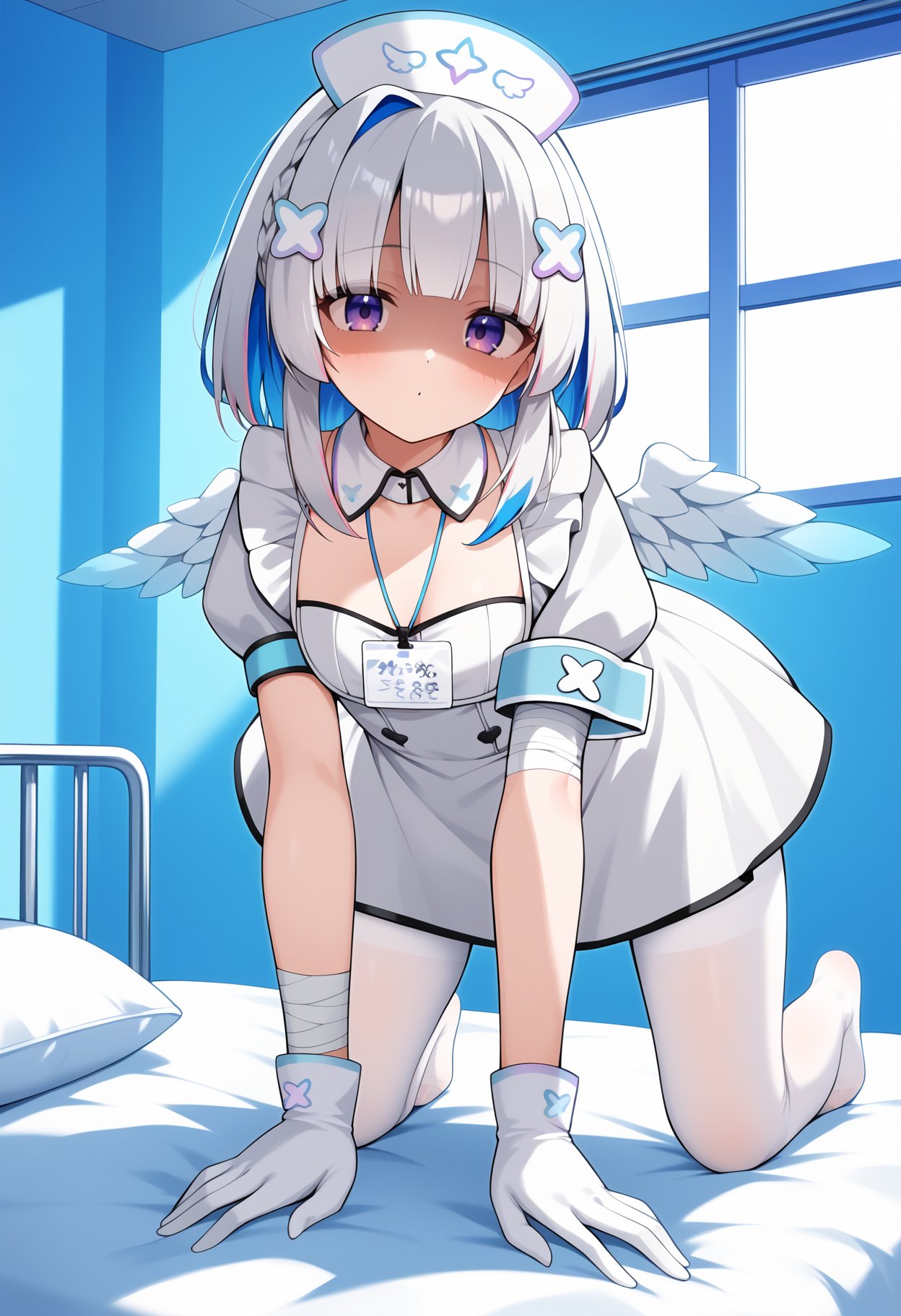 score_9, score_8_up, score_7_up, score_6_up, score_5_up, score_4_up, source_anime, ddkanata, medium hair, multicolored hair, grey hair, x hair ornament, nurse cap, purple eyes, wings, detached collar, lanyard, white dress, short sleeves, puffy sleeves, bandaged arm, armband, white gloves, white pantyhose, <lora:amane_kanata_ponyxl_v1:0.9>, indoors, hospital bed, on bed, all fours, shaded face, 