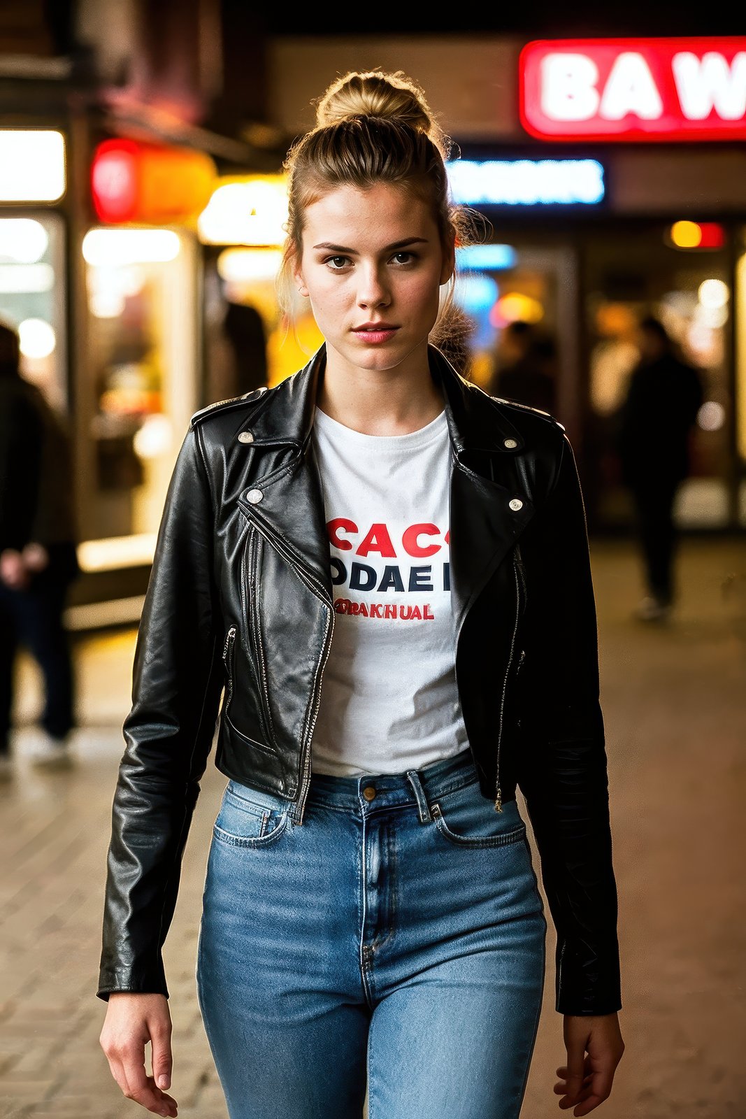 full body photo of a 23 year old Dutch woman, undercut hairstyle, tee, leather jacket, jeans, 80s convenience store, very detailed, atmospheric haze, film grain, cinematic film still, shallow depth of field, highly detailed, high budget, cinemascope, moody, epic, gorgeous, 2000s vintage RAW photo, photorealistic, color graded cinematic, eye catchlights, atmospheric lighting, skin pores, imperfections, natural, shallow dof