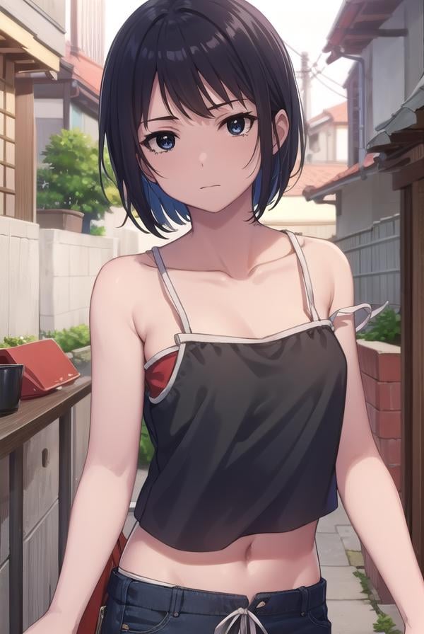 keikosanjou, <lora:keiko sanjou s1-lora-nochekaiser:1>,keiko sanjou, short hair, black hair, (black eyes:1.5),BREAK shorts, black shorts, camisole, bare shoulders, collarbone, (red camisole:1.5),BREAK outdoors, shrine,BREAK looking at viewer, (cowboy shot:1.5),BREAK <lyco:GoodHands-beta2:1>, (masterpiece:1.2), best quality, high resolution, unity 8k wallpaper, (illustration:0.8), (beautiful detailed eyes:1.6), extremely detailed face, perfect lighting, extremely detailed CG, (perfect hands, perfect anatomy),