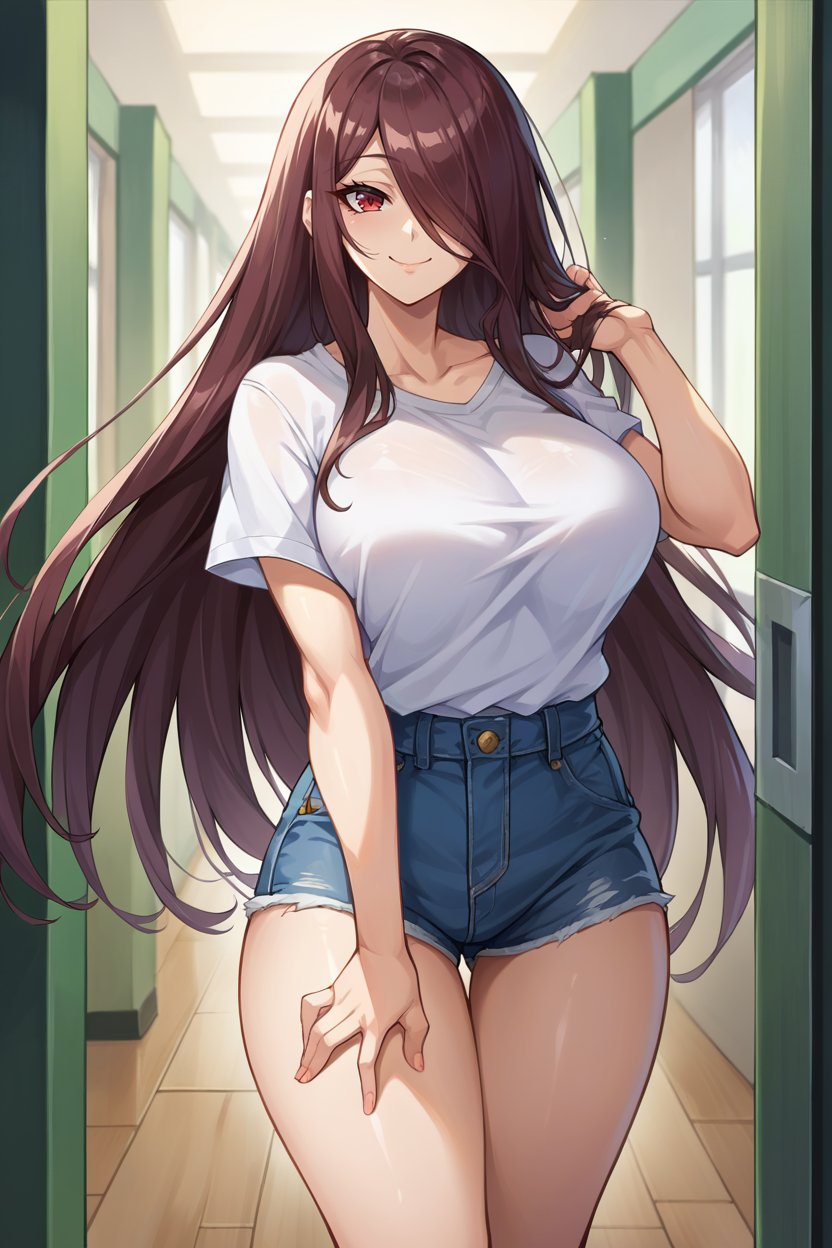 score_9, score_8_up, score_7_up, score_6_up, source_anime, BREAK 1girl,  <lora:saikafuuma-pdxl-nvwls-v1-000005:1> defsaika, red eyes, large breasts, hair over one eye, hallway, white t-shirt, denim shorts, looking at viewer, smile