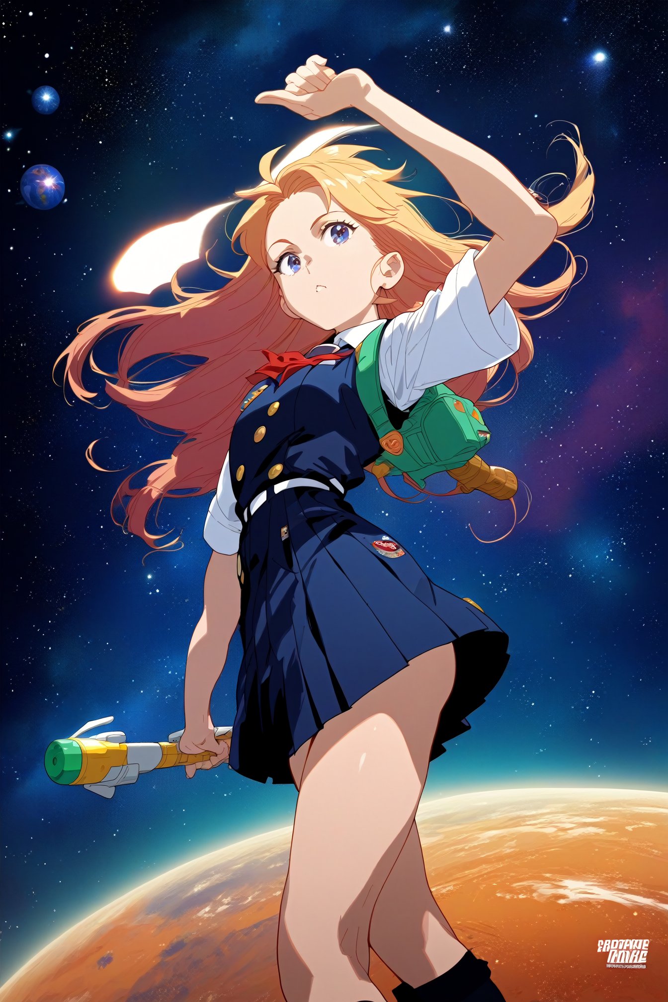 rocket launch,space_shuttle, captain earth ,space ,galaxy, night sky, star,1girl,standing,arm up,ground,school uniformmegami magazine anime screencap 2d kawaii (score_9,score_8_up,score_7_up), rating_explicit, best quality, masterpiece, 2k,,<lora:DetailedEyes_V3:0.8>