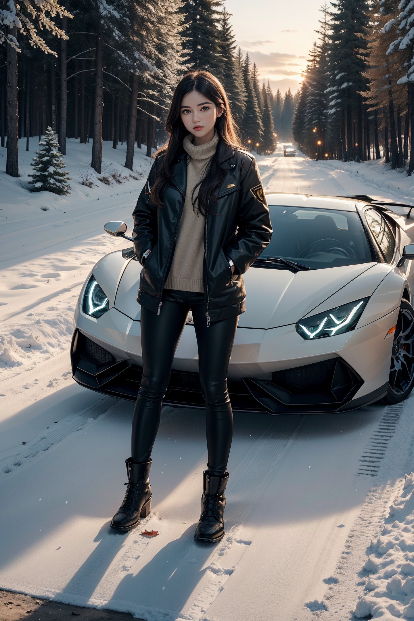 1girl standing next to a Lamborghini,autumn forest, sunset, leaves falling, first snow,