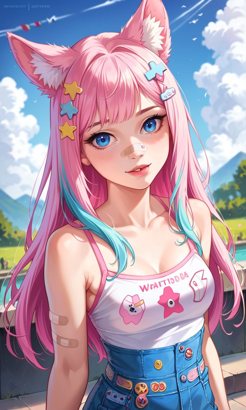 score_9, score_8_up, score_7_up, source_anime, highly detailed,  1girl, colored hair,  1girl, pastel,animal ears, bandaid, hair ornament, high quality, high details, masterpiece, realistic, octane render, cinematic lightning, cinematic colors, dynamic angle