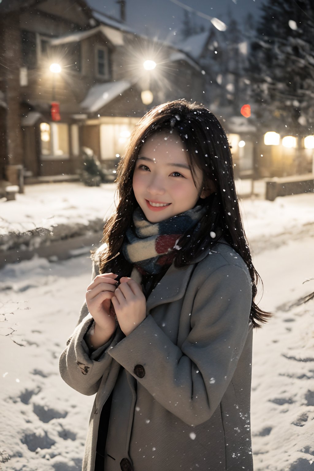 1girl,(snow:1.2),(snowing:1.2),snow,solo,scarf,long hair,smile,brown hair,bokeh,realistic,coat,blurry,sense of atmosphere