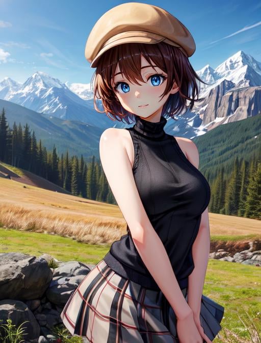 best quality, masterpiece, highres, detailed, digital artwork, <lora:Detail - add_detail:0.2>, HelgaHaruka, blue eyes, brown hair, short hair, brown hat, black sweater, sleeveless turtleneck, checkered skirt, <lora:Character - HelgaHaruka:0.8>,mountain, naughty_face, long skirt,