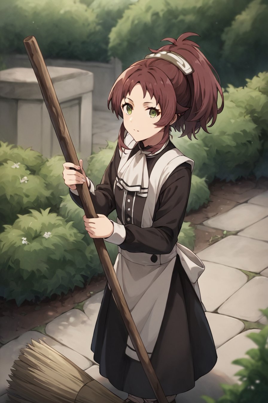 score_9, score_8_up, score_7_up, source_anime,1girl, looking at viewer, outdoors, garden, broom, sweeping floor,<lora:aisha_greyrat_anime_s2-soralz:1>, aisha_greyrat, yellow green eyes, brown hair, ponytail, sidelocks, bangs, long hair, long sleeves, white ascot, white apron, black dress, maid