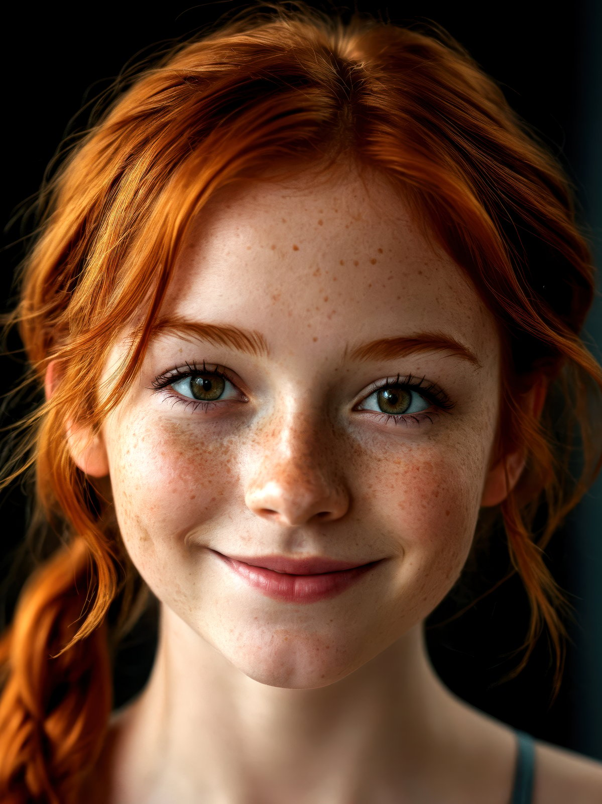 beautiful girl, smile, happy, close up, (detailed eyes:0.8), (looking at the camera:1.4), interior, (ginger hair:1.3), dark studio, muted colors, freckles