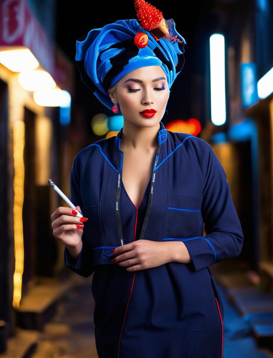 RAW, masterpiece, high resolution, This work depicts a young, beautiful blonde woman, intense red lipstick, holding a cigarette, navy blue paoh traditional dress, turban, exceptional skin details, cinematic . The scene is set against a dark alley in the city with a neon sign visible in the background, and the woman's beauty and confidence stand out even in the dark surroundings. attracts attention with its striking appearance and rebellious attitude. (best quality:1.3), (extremely detailed:1.2) <lora:paoh_dress-000006:1>