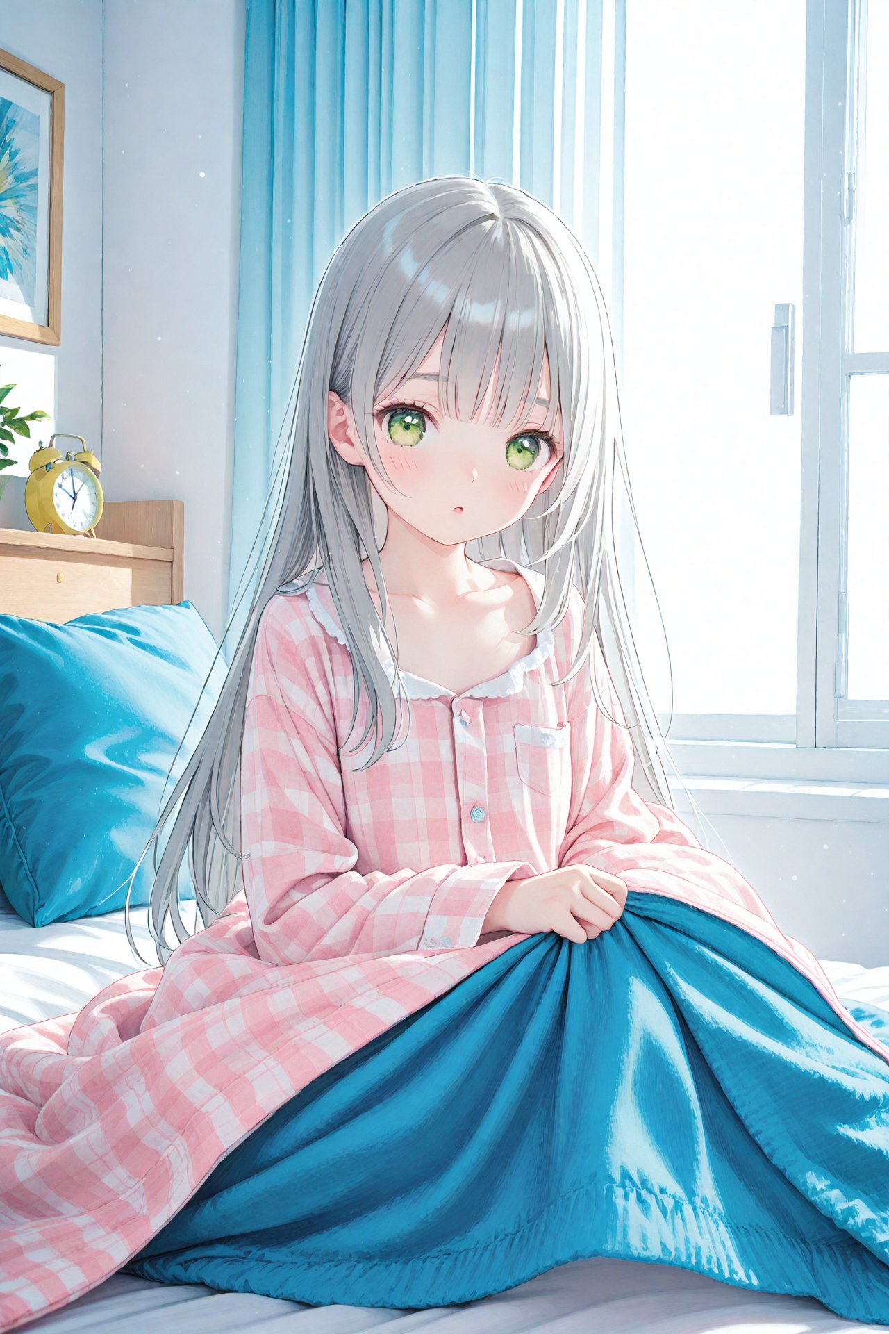 (masterpiece),(best quality),illustration,ultra detailed,hdr,Depth of field,(colorful),loli,1girl,clock,solo,alarm clock,under covers,green eyes,bed,long hair,pillow,indoors,sunlight,curtains,pajamas,grey hair,blanket,window,collarbone,bangs,