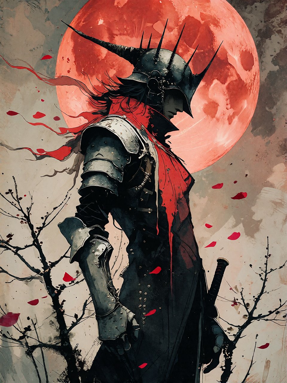 Bradhamel art style. A lone warrior in dark,  tattered armor with a high-crowned helmet stands in profile against a massiv...