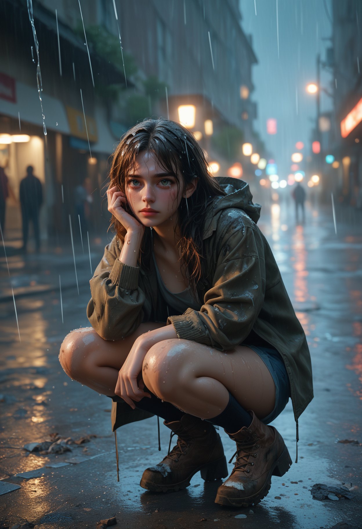 1girl,heavy rain,dirty streets,there's rubbish everywhere,girl's clothes are broken,squatting in the street,crying,streaming_tears,, cinematic film still,score_9,score_8_up,score_7_up,dramatic lighting,(realistic:1.3),highly detailed,high budget,bokeh,cinemascope,moody,epic,gorgeous,film grain,grainy,masterpiece,best quality,perfect anatomy,very aesthetic,official art,8k,