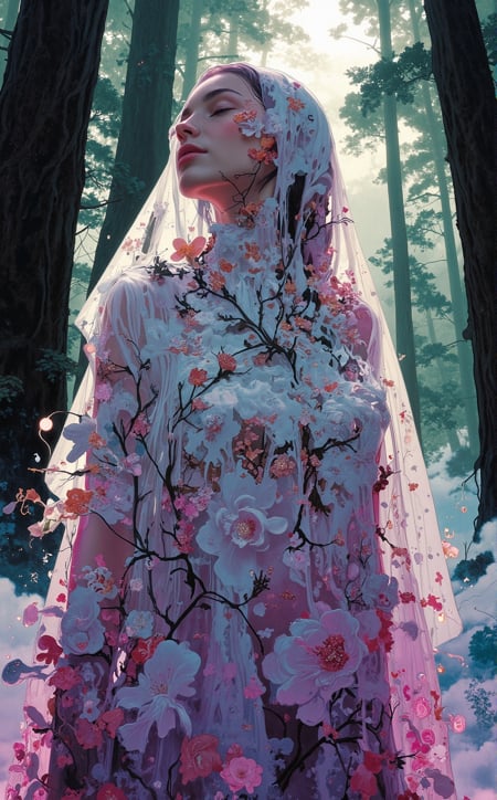 Off-center composition,  wide-angle with subject facing away,  A woman draped in a sheer by MarkoClarkAA on Tensor.Art