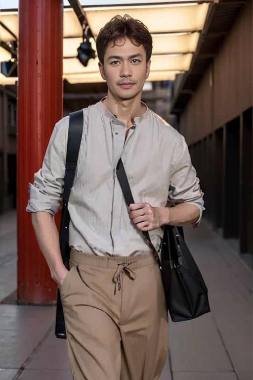 ParisM2Fashion, 1boy, solo, male focus, red shirt, white background, simple background, hand in pocket, pants, bag, male focus, grey shirt, looking at viewer, brown pants, walking, shoulder bag, standing, black hair, shoes, brown hair, parted lips,outdoors,street, bigbuildings  in the background, , <lora:SD1.5_ParisM2Fashion.v2.0:0.8>