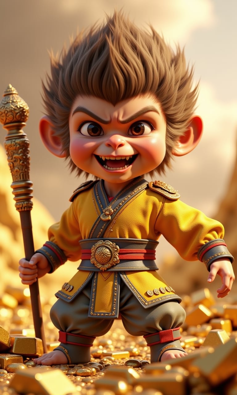 JQZX, Sun WuKong, a wukong kid in a combat uniform, cute q version style, the expression is fierce, cute, 3d rendering, monkey king, holding a metal stick in his hand, simple background, on a mountain full of gold, laughing happily, gold shining, there are gold coins, gold bars, gold bricks