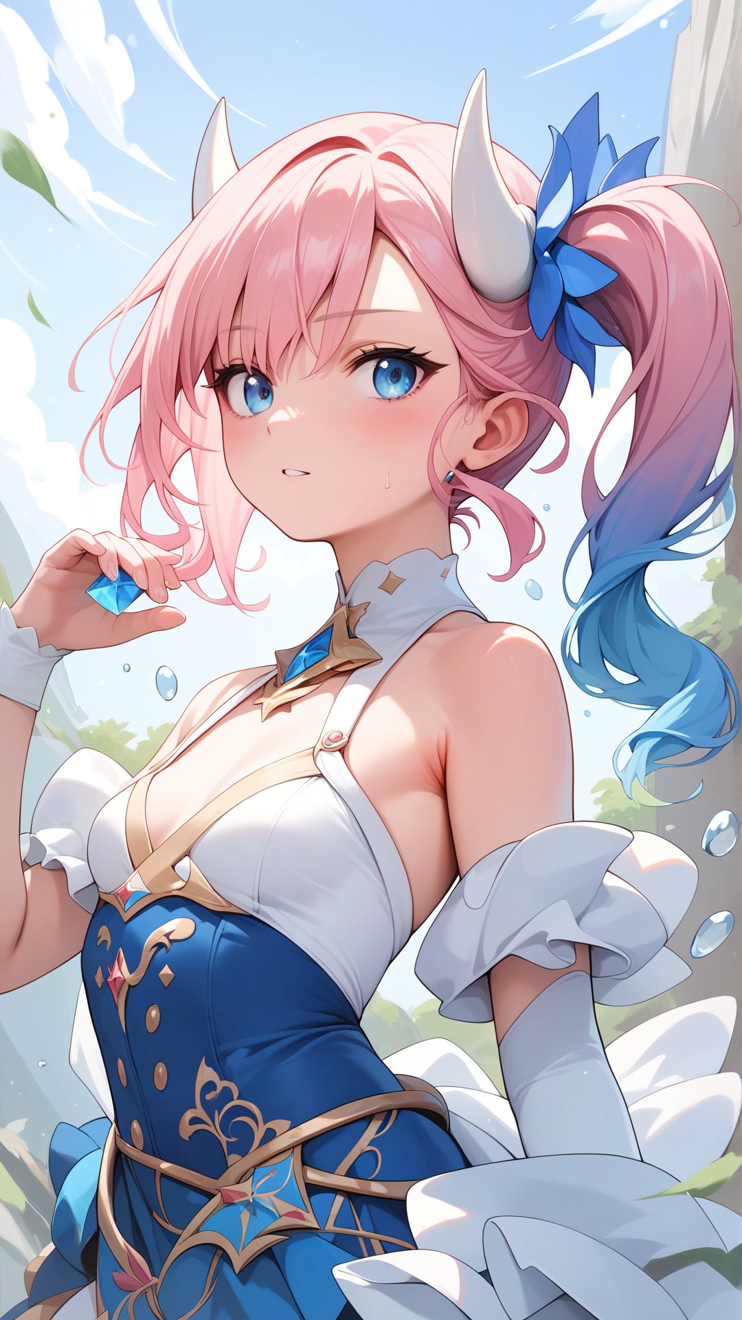 Score_9, score_8_up, score_7_up, masterpiece, best quality, 1girl, blue eyes, (Gradient hair:1.1), White horns, Side ponytail, Light Pink hair with blue hair tips, Small breasts