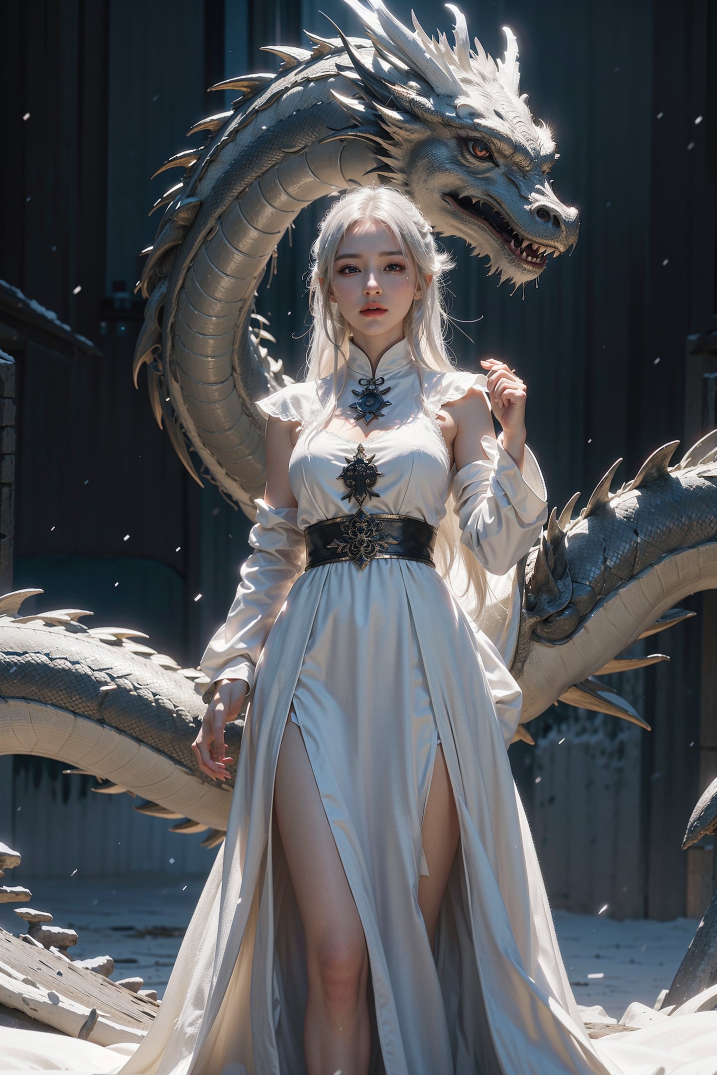 cowboy Shot of a woman in a white dress, photoreal elegant, fantasy character, snow glow, streaming on twitch, blinding white hair, stunning vfx, black swan dragon,Lunar New Year atmosphere,Dragon and girl,<lora:Dragon and girl_20240205103724-000018:0.5>