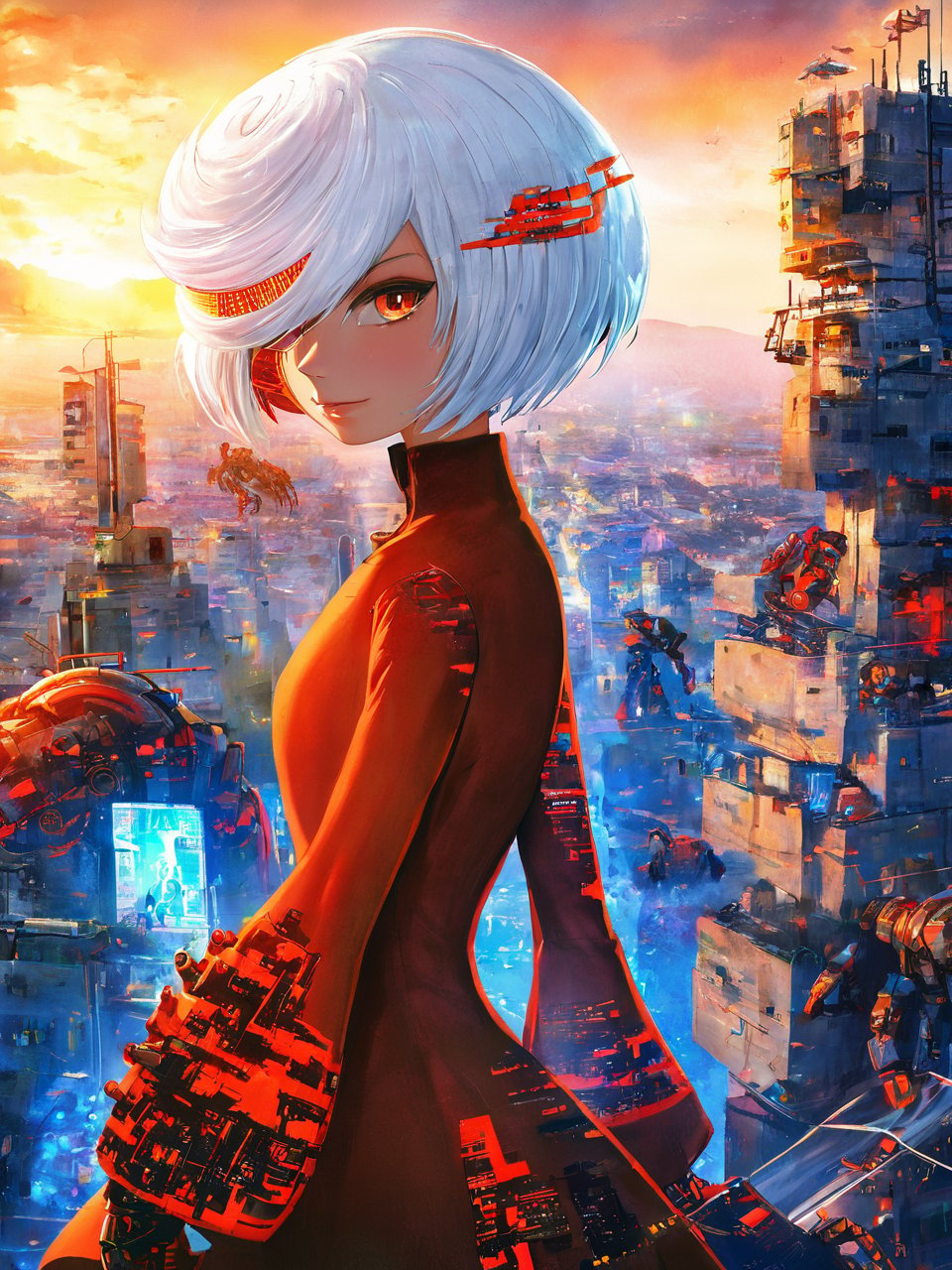 1girl, sageai, (portrait:1.3), standing, long sleeves, white hair, army of robots, city <lora:SageAI-XL:1>