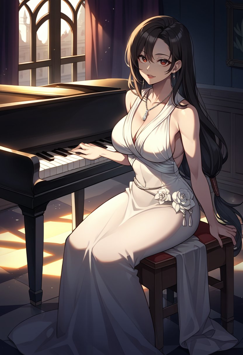 score_9, score_8_up, source_anime,  <lora:tifaXL:1>,tifa_misc, low-tied long hair, large breasts,8k, uhd, anatomically correct, white gown, marble floor, large windows, palace interior, skylights, sitting on a piano stool, facing looking at viewer, steinway piano, red eyes, 