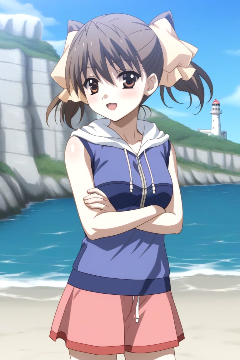 HD, 8k, highres, mantialiasing, Highly detailed, High Quality, masterpiece, beautiful, source_anime, BREAK sea lighthouse, stones near the coast,BREAK 1girl, solo, (feminine focus, young woman, 16 years old), Karen Katou, short hair, brown hair, brown eyes, ribbon, twintails, hair ribbon,BREAK ((hood, hoodie)), sleeveless, short sneakers,BREAK looking_at_viewer, standing, arms crossed, open_mouth, Focus breasts, front-view<lora:EMS-454882-EMS:1.000000>