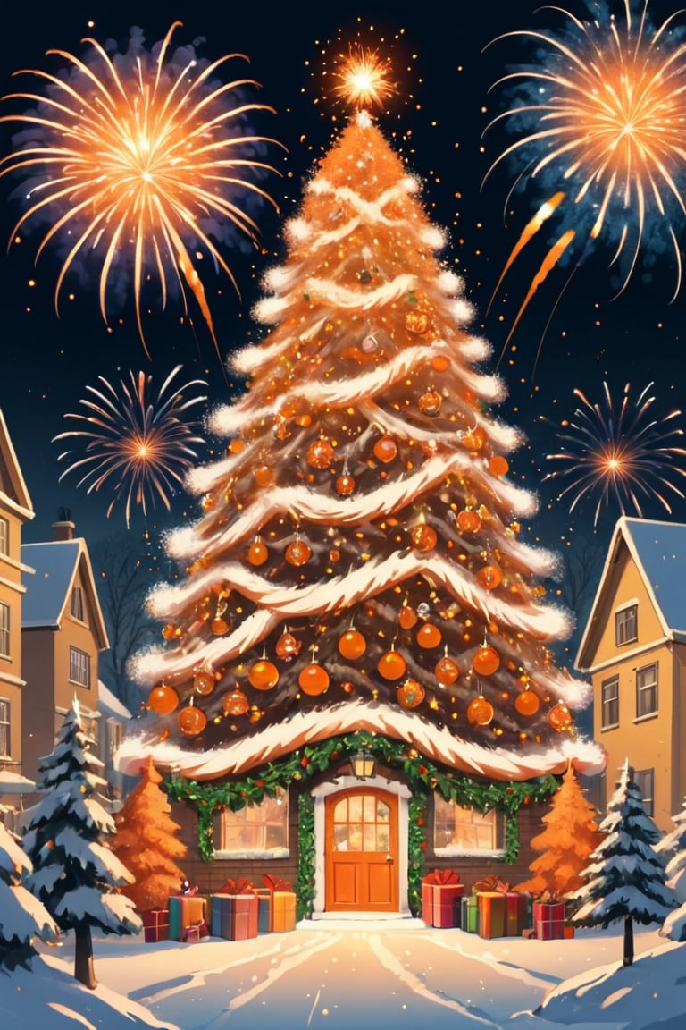 Beautiful Christmas fireworks, orange sparks, Christmas aesthetics, decorated Christmas trees, Santa Claus, beautiful highly detailed illustration