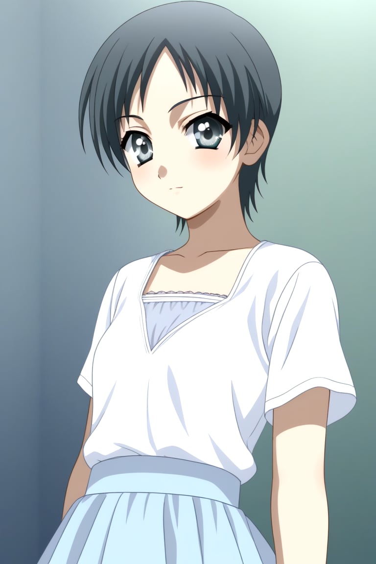 HD, 8k, highres, mantialiasing, Highly detailed, High Quality, masterpiece, beautiful, 1girl, solo, (young woman, 16 years old), 1girl, oruha hashimoto, short hair, black hair, grey eyes, small breasts, ((white shirt)), short blue skirt, looking-at-viewer, Focus breasts<lora:EMS-431316-EMS:1.300000>