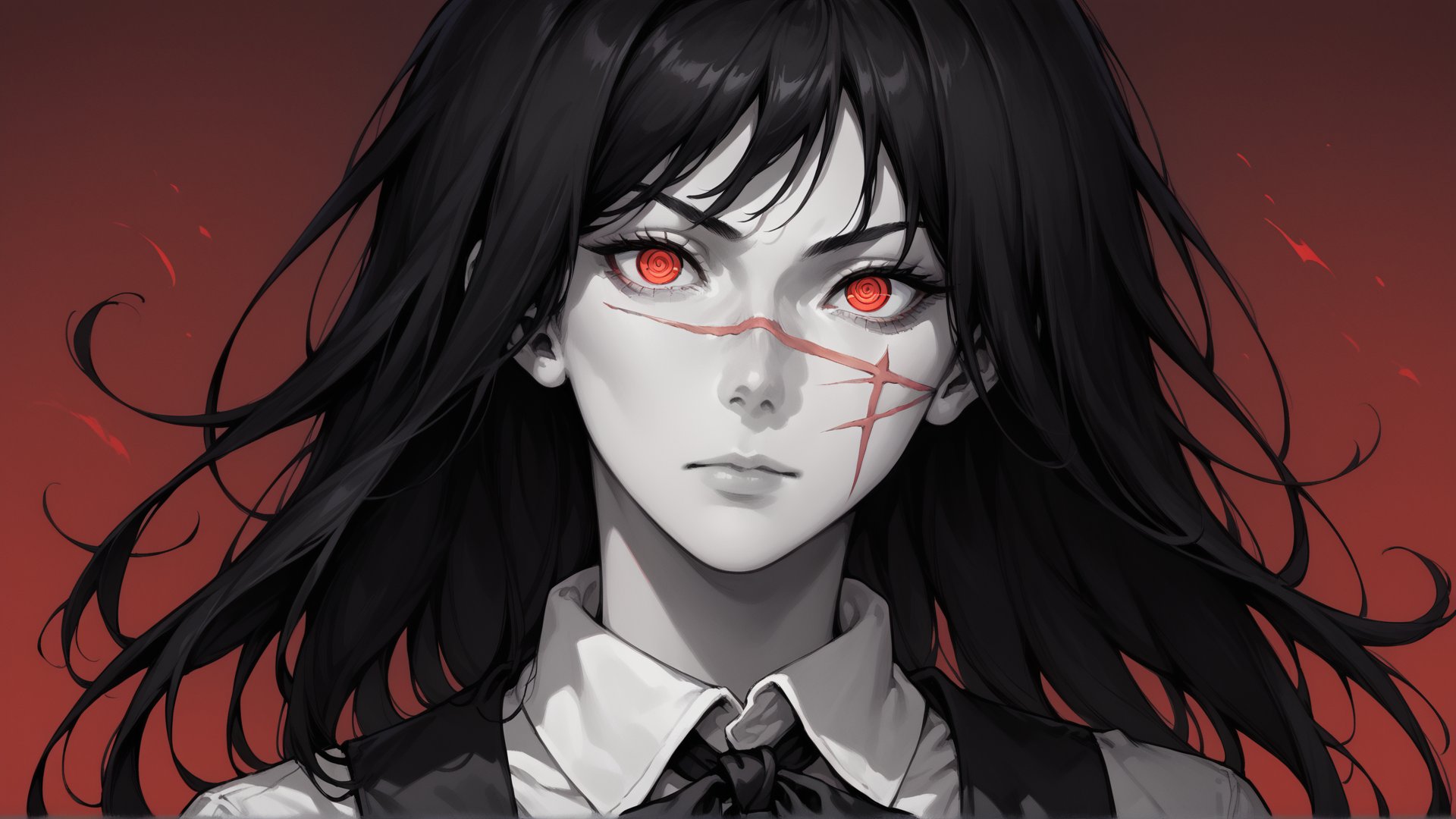 score_9, score_8_up, score_7_up, 1girl, solo, aged_up, looking at viewer,<lora:Yoru_Chainsaw-Man_Pony-000008:1>, yoru, scar on face, red eyes, ringed eyes, black hair, long hair, black ribbon, black pinafore dress, dark, emotionless, monochrome, simple background