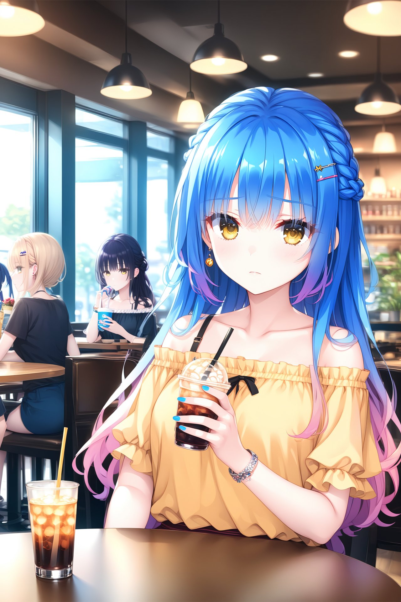 (masterpiece),(best quality),illustration,ultra detailed,hdr,Depth of field,(colorful),hair ornament,cafe,shirt,sitting,long hair,blue nails,drinking straw,closed mouth,yellow eyes,off-shoulder shirt,solo focus,multiple girls,jewelry,holding,indoors,eyelashes,blue hair,collarbone,nail polish,cup,earrings,hairclip,casual,off shoulder,blurry,hair between eyes,straight-on,table,braid,blurry background,looking at viewer,bare shoulders,holding cup,eyes visible through hair,gradient hair,black shirt,frilled shirt,restaurant,frills,multicolored hair,3girls,yellow shirt,fingernails,bracelet,chair,very long hair,drinking glass,frown,1boy,short sleeves,drink,food,sidelocks,wavy hair,plant,