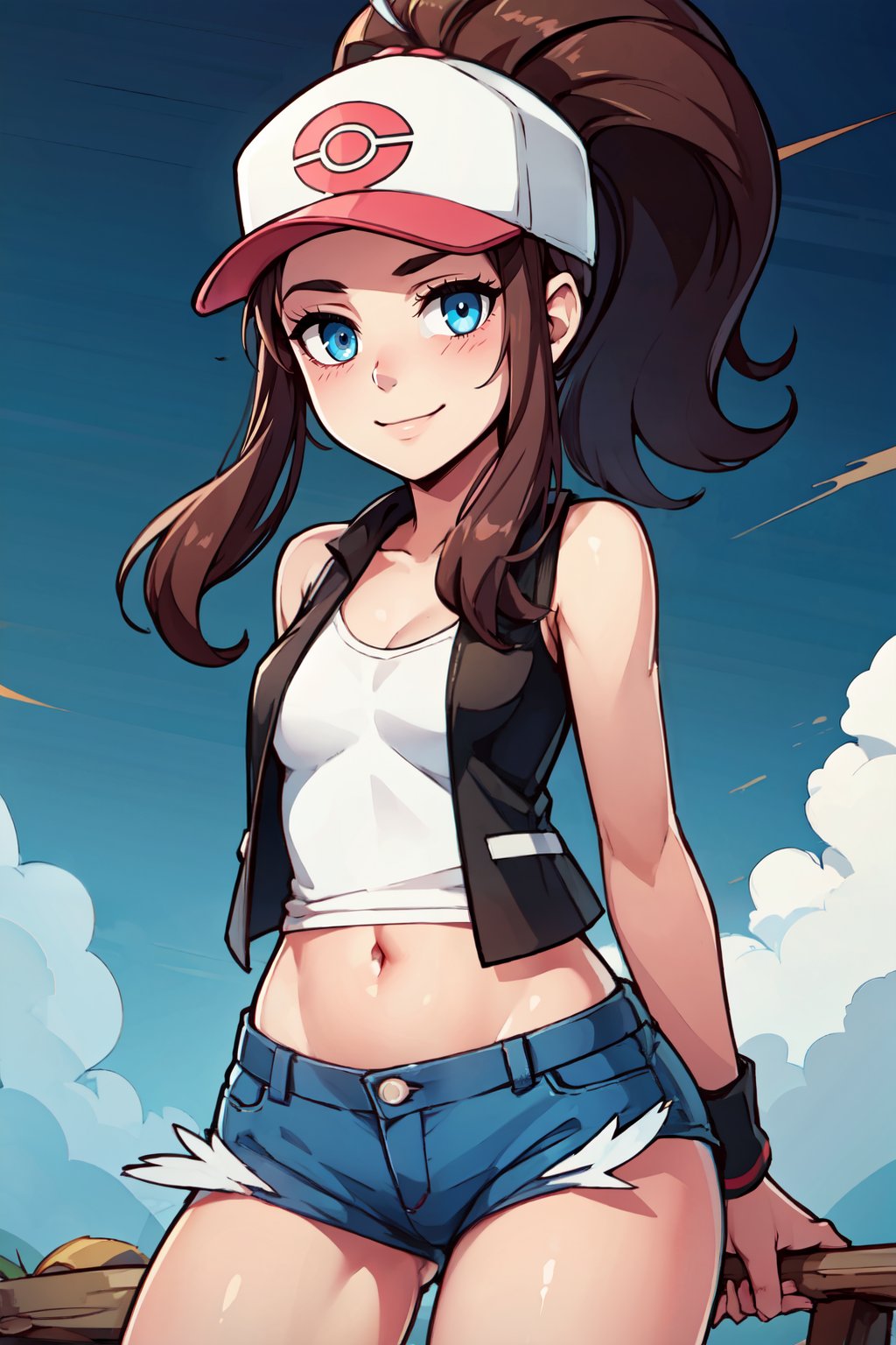 ((masterpiece,best quality)), absurdres,   <lora:HildaPokemon_v5:0.7>,   zzHilda, blue eyes, long hair, high ponytail, sidelocks,  hat, collarbone, white shirt, black vest, sleeveless, wristband, short shorts, denim shorts, exposed pocket,  wide hips, solo, smile, looking at viewer, cowboy shot,