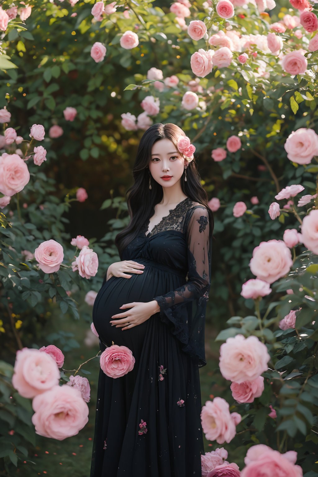 front,heimeigui,a pregnant woman,pink_flower,rose,outdoor,black dress,(masterpiece:1.2, best quality),<lora:heimeigui-000018:0.7>,