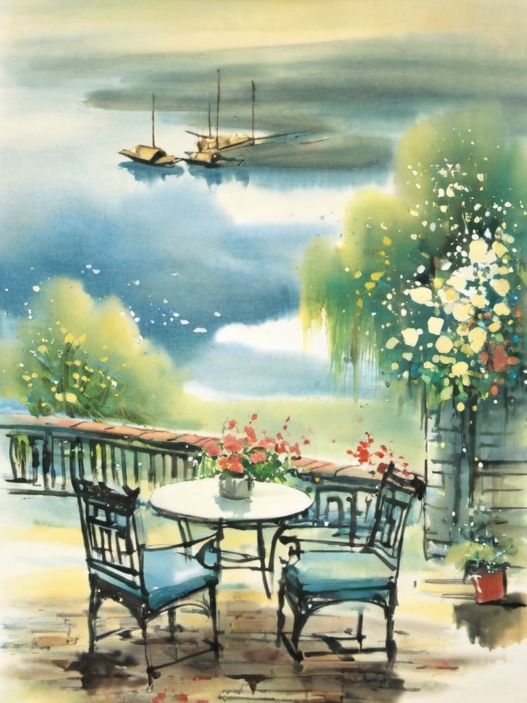 guohua,watercolor painting, a table and chairs on a patio with a view of a body of water,<lora:江南水乡_写意山水画_V1.0XL:0.8>, masterpiece, best quality,