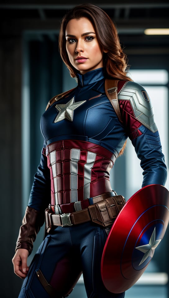 Real estate photography style Closeup fullbody portrait of female Captain America, Ciberpunk background, atmospheric scene, masterpiece, best quality, (detailed beautiful face, detail skin texture, ultra-detailed body:1.1), fantasy, feminine+, shiny wet skin, looking at viewer, modelshoot style, (extremely detailed CG), photo of beautiful artwork, High Detail, Sharp focus, dramatic+, (photorealistic), Intricate, handsome, . Professional, inviting, well-lit, high-resolution, property-focused, commercial, highly detailed