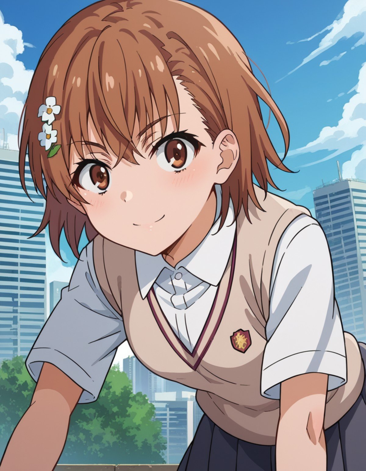 score_9, score_8_up, score_7_up, source_anime,mikotomisaka, <lora:mikoto-misaka-ponyxl-lora-nochekaiser:1>,mikoto misaka, short hair, brown hair, hair ornament, hair flower, brown eyes,skirt, shirt, school uniform, white shirt, short sleeves, pleated skirt, grey skirt, sweater vest, tokiwadai school uniform,outdoors, cityscape, smile, bent over,looking at viewer, cowboy shot, dutch angle,