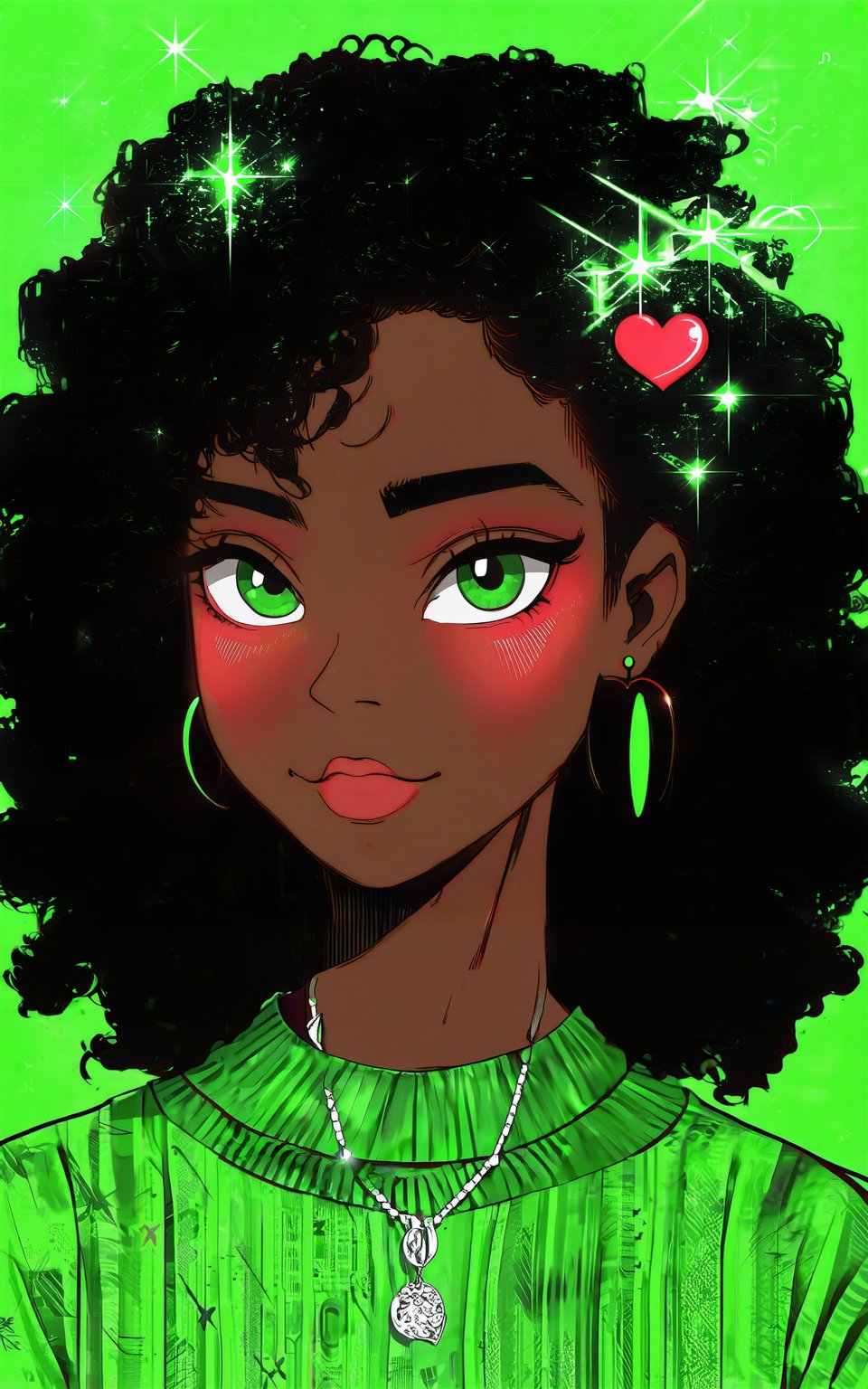 anime style, 1girl,looking at viewer,blush,shirt,black hair,hair ornament,jewelry,green eyes,heart,earrings,dark skin,necklace,star (symbol),sweater,dark-skinned female,sparkle,green background,curly hair,hoop earrings,green shirt,heart hair ornament,print shirt