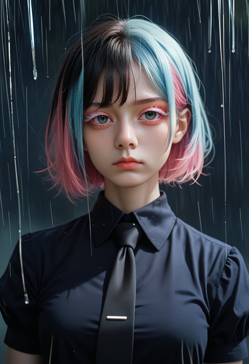 score_9,score_8_up,score_7_up,source_anime,portrait,1girl,hskdmnd,crystal hair,colored eyelashes,multicolored hair,short hair,black shirt,puffy short sleeves,collared shirt,black necktie,white elbow gloves,looking at viewer,expressionless,dark background,rain,