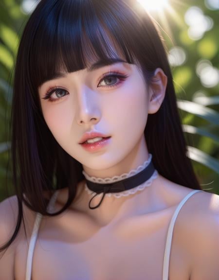 ,score_9,score_8_up,score_7,face001,1girl,solo,choker,black hair,parted lips,bangs,simple background,makeup,lips,Best Quality, 8k, 32k, Masterpiece, UHD,natural light, sun light, light rays, dappled light, ray tracing,<lora:face001_pony:0.9>