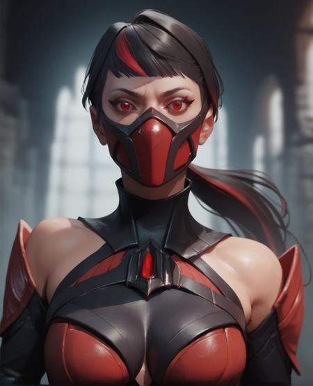 score_9,score_8_up,score_7_up,score_6_up,Skarletxl,red eyes,black hair,multicolored hair,ponytail,cleavage, mask, bare shoulders,  bodysuit,  upper body,   dungeon,<lora:Skarlet:1>,