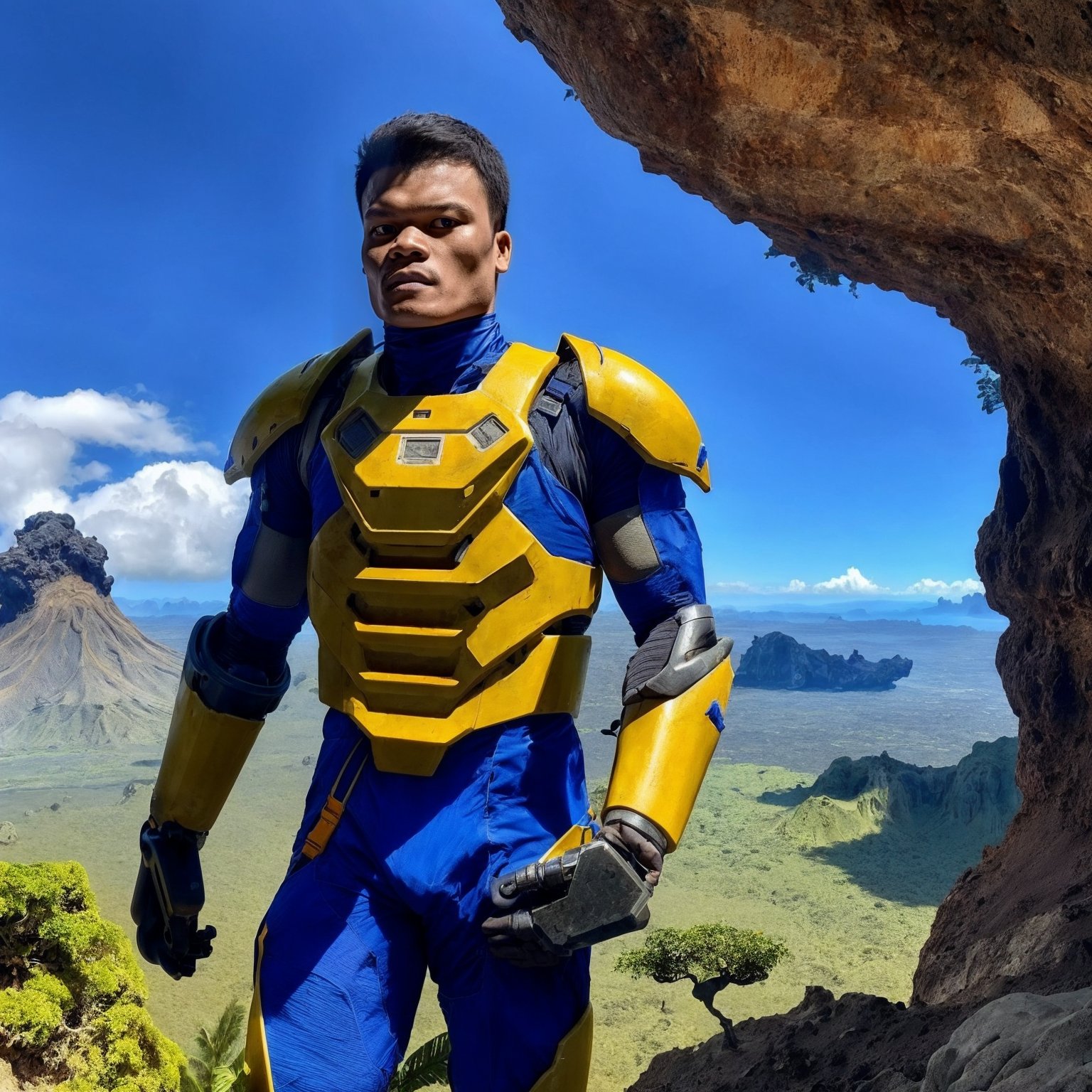 photo of peemaipor man a futuristic body armor while holding a shutgun on the avatar planet in a jurassic jungle face open looking at the camera on a bright sunny day, behind there are big tall volcanic mountains, epic scene, cinematic<lora:Add More Details:0.7> <lora:Peemaiporkobk B1:1>