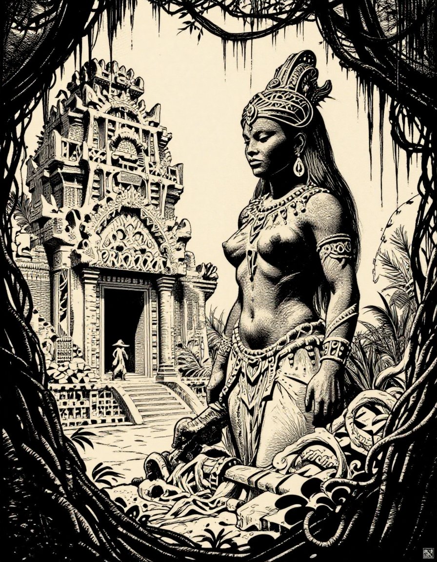 z_frazetta_ink,  ancient ruins in a jungle,  overgrown with vines by inknoir on Tensor.Art