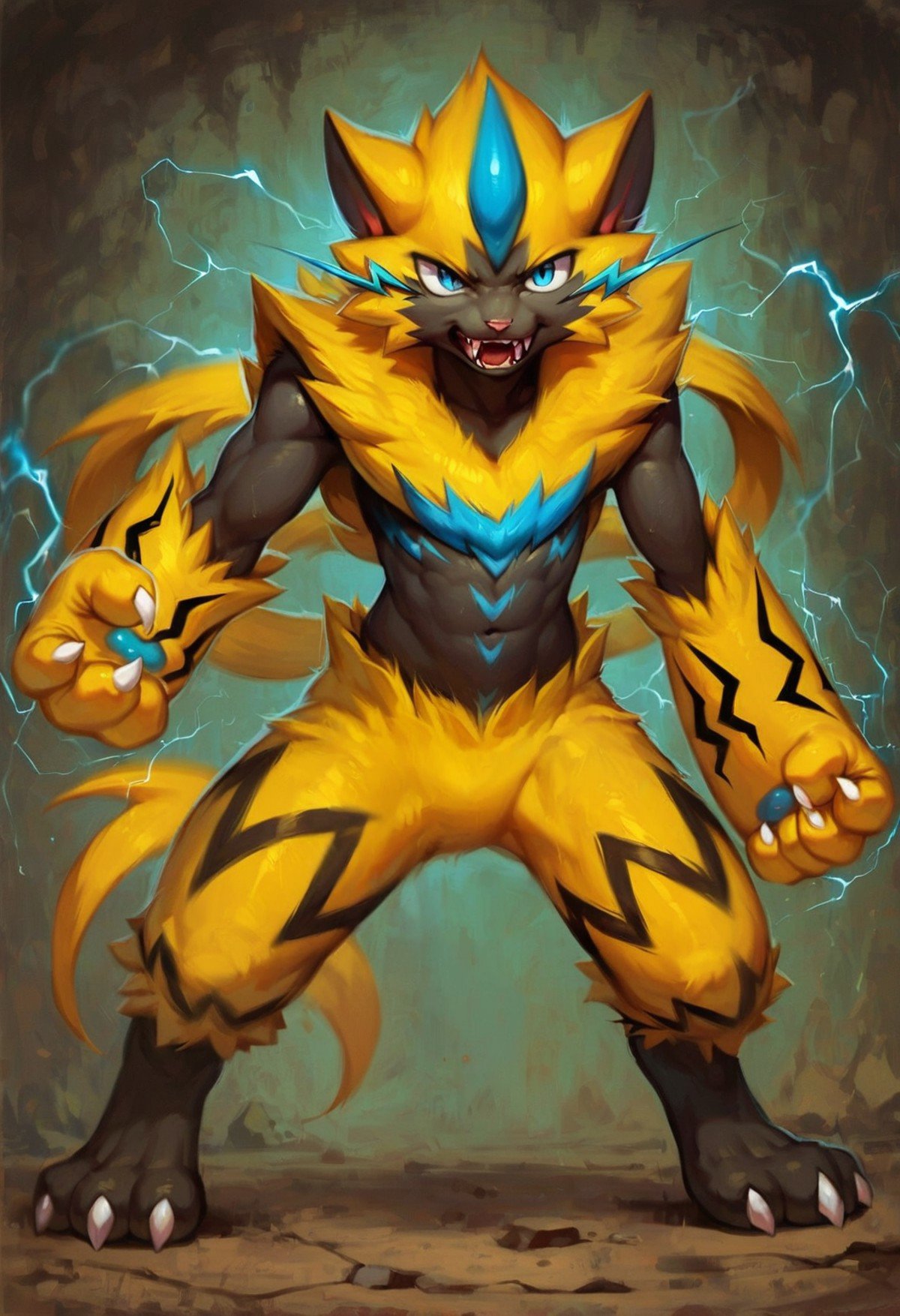 score_9, score_8_up, score_7_up, score_6_up, score_5_up, source_furry, sfw, anthro, male, 1boy, electricity effects, yellow fur, detailed background, blurred background, full-length portrait, attacking, dynamic view, action pose,<lora:Zeraora_-_Pokemon_PONY_XL:0.6> Zeraora,  <lora:Darkgem_Style_PONY_XL:0.6> darkgem,  <lora:1dkXLP:0.8> 1dk,  <lora:SLIDER_Detailer:1.2>