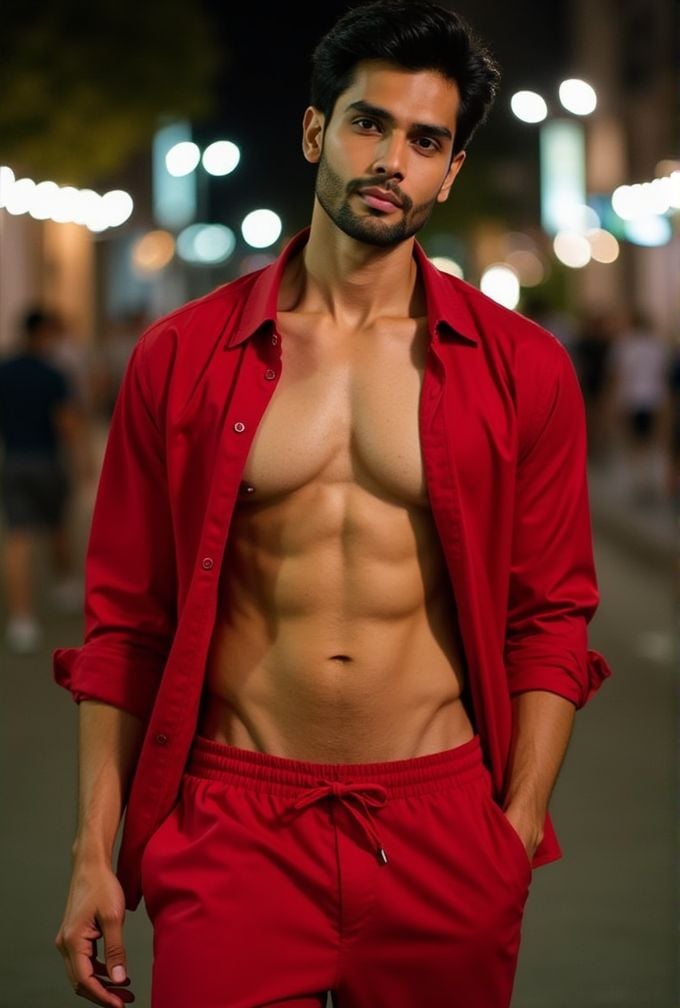 Rohit Khandelwal ,  realistic photo in a worn ((skin-revealing skimpy erotic red tracksuit,  massive pecs)) by HottiesnHot...