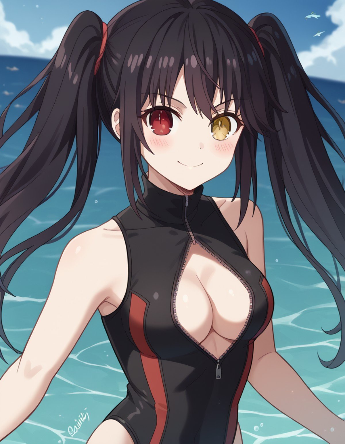 score_9, score_8_up, score_7_up, source_anime, kurumitokisaki, <lora:kurumi-tokisaki-s4s5-ponyxl-lora-nochekaiser:1>, kurumi tokisaki, black hair, red eyes, long hair, twintails, yellow eyes, heterochromia, clock eyes,, <lora:front-zipper-swimsuit-ponyxl-lora-nochekaiser:1>, front zipper swimsuit, one-piece swimsuit, unzipped, turtleneck one-piece swimsuit, zipper, cleavage cutout, highleg swimsuit, clothing cutout, center opening, cleavage,, ocean, fish, water, submerged, smile, blush,, cowboy shot, dutch angle,