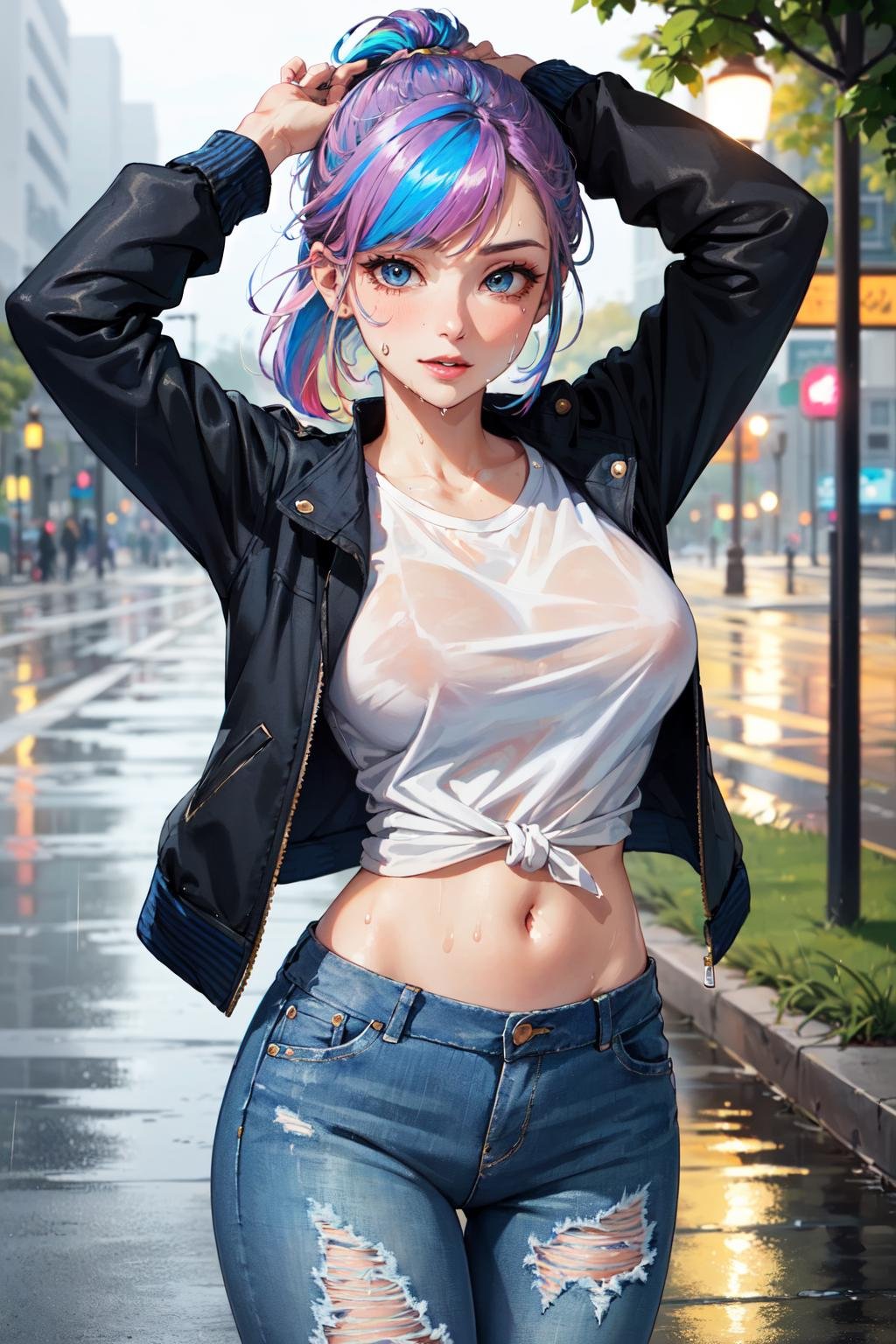 (masterpiece, best quality, hires, high resolution:1.2), (beautiful, aesthetic, perfect, delicate, intricate:1.2), (cute, adorable), (depth of field:1.2), (1girl, solo), (a sexy mature woman walking at a park), (eyeshadow, eyeliner, glossy lips), (natural breasts), (rainbow hair:1.4), (tied hair, ponytail), striking blue eyes, bright smile, (arms up), (cropped jacket:1.4), white t-shirt, (ripped jeans pants), (glossy skin, shiny skin, sweaty, sweat drop), (at night), (after raining), wet floor, (cowboy shot:1.4),