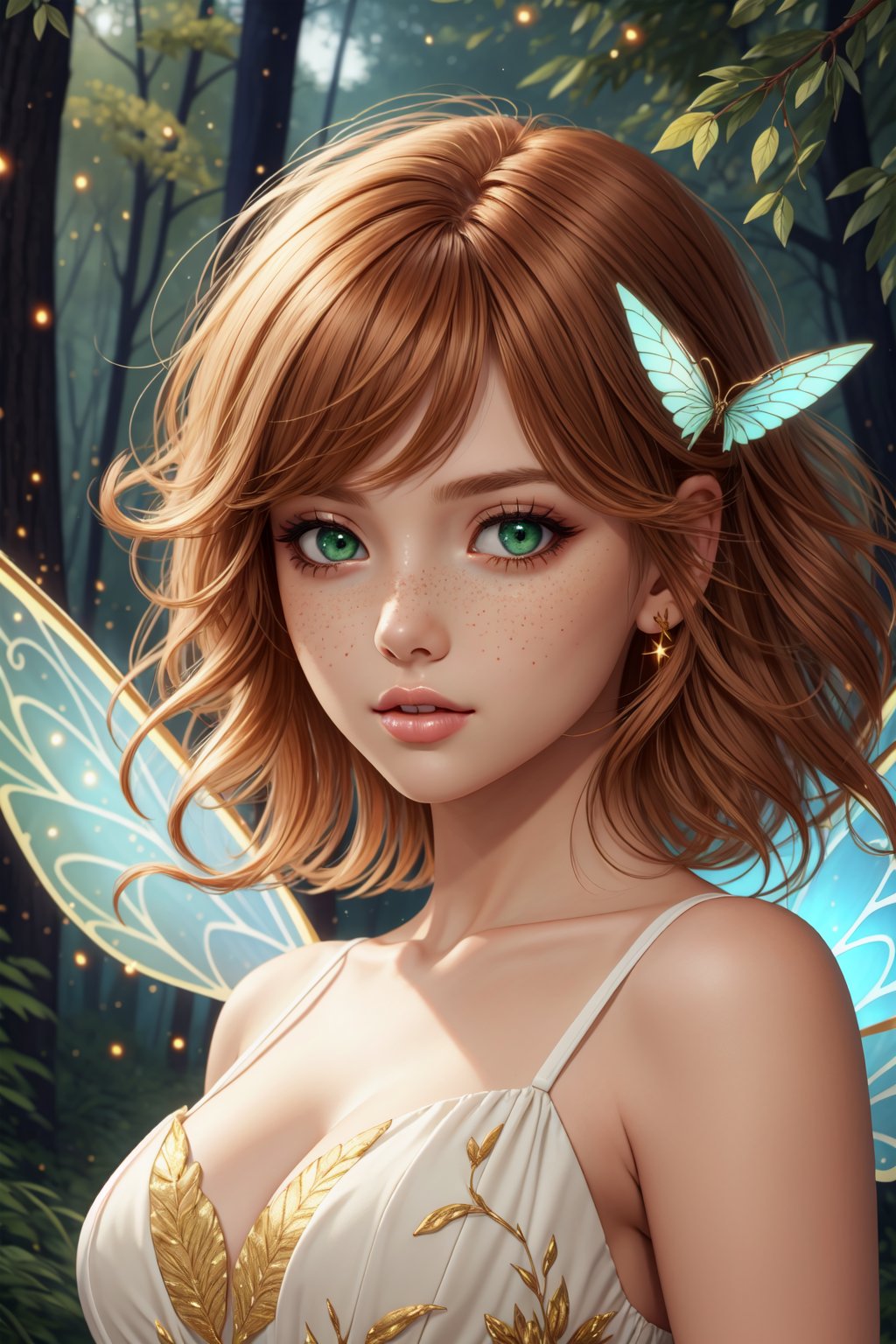 masterpiece, highest quality, detailed face and eyes, fairy with wings, ginger hair, messy hair, dress, fireflies, forest, green eyes, (freckles:0.8)