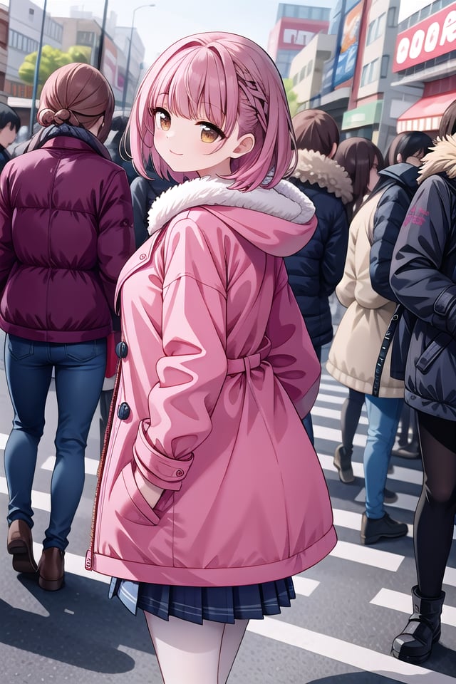 (panorama view:1.4), insanely detailed, absurdres, ultra-highres, ultra-detailed, best quality,1girl, solo, nice hands, perfect handsBREAK(pink and white theme:1.4), (Wearing a (long sleeve pink coat with fur color) over a white high neck blouse:1.4), (fur cuffs:1.3), (double pillar button:1.3), (pocketless:1.4), (plain ivory-white pantyhose:1.4), (pink heeled boots with lace-up:1.2)BREAK(wine-red pleated skirt:1.3)BREAK(naked skin:-1), (See-through:-1), (pocket:-1), (black pantyhose:-1), (wine:-1), (red coat:-1), (white coat:-1), (red tops:-1), (white skirt:-1), (pink skirt:-1), (black skirt:-1), (text on clothes:-1), ((mark, logo, pattern) on pantyhose:-1), (tone pantyhose:-1), (bare shoulders:-1), (nsfw:-1.5)BREAKhappy smile, laugh, closed mouth, standing,seductive pose, cowboy shot, (full body view:-1)BREAKslender, kawaii, perfect symmetrical face, ultra cute girl, ultra cute face, ultra detailed eyes, ultra detailed hair, ultra cute, ultra beautifulBREAKshibuya, akihabara, tokyo, street, crowd, cityscapeBREAKlarge breasts,(brown hair, brown eyes), hime cut