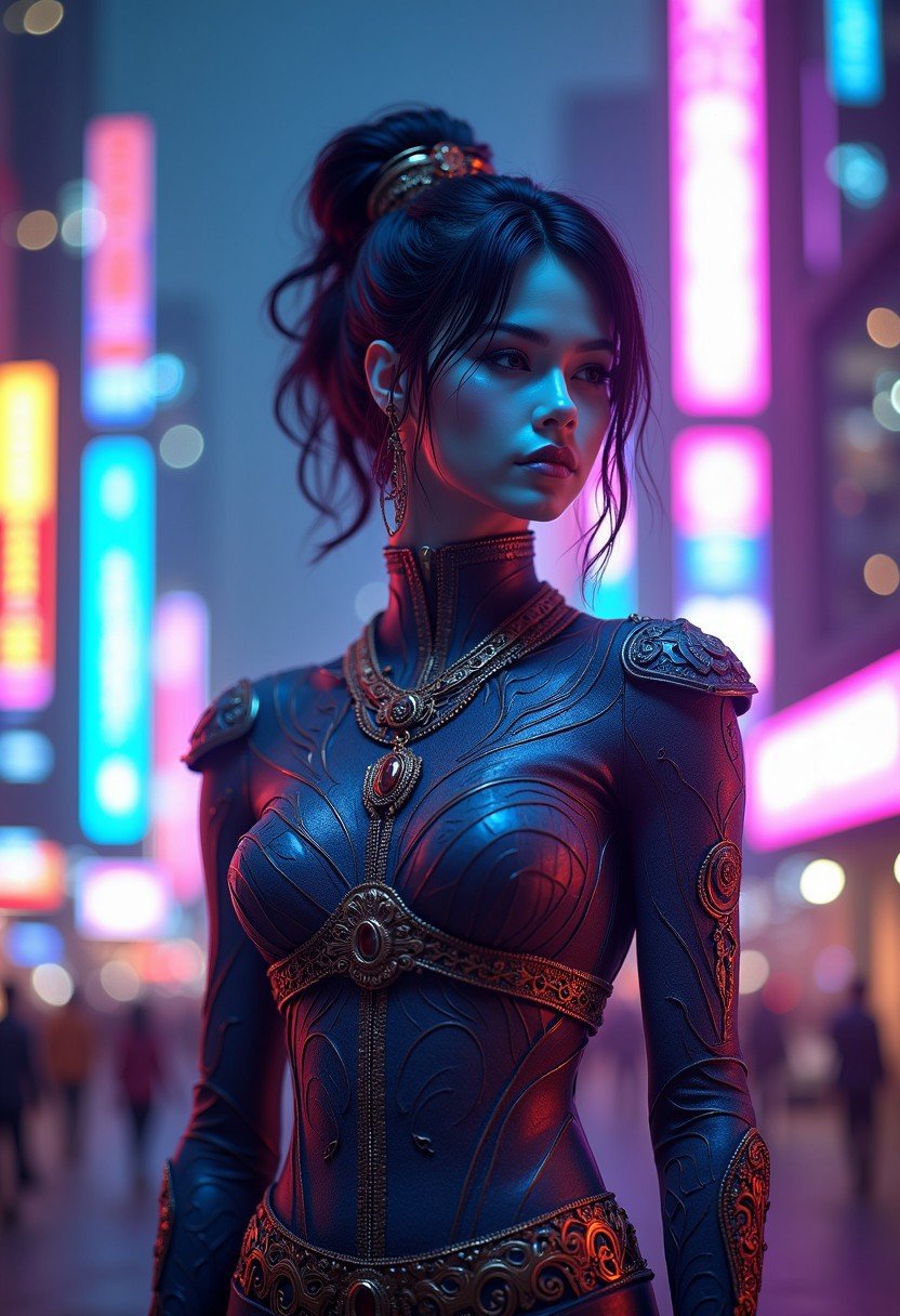 (high quality), (masterpiece), (detailed), 8K, Hyper-realistic portrait of (Indonesian maiden1.3) adorned in (futuristic fantasy attire1.2) with intricate (Batik patterns1.2) and ( metallic accents1.2). (Glowing neon lights1.2) illuminate her ( porcelain skin1.2) as she stands amidst a (neon-lit cityscape1.2) with ( towering skyscrapers1.2) and ( holographic advertisements1.2) in the background. Trending on Artstation.