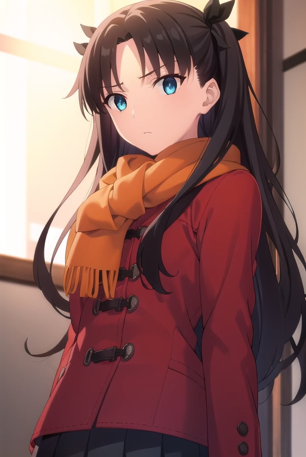 rintohsaka, <lora:rin tohsaka ubw-lora-nochekaiser:1>, rin tohsaka, aqua eyes, (black hair:1.2), hair ribbon, long hair, ribbon, sidelocks, two side up, (parted bangs:1.5),BREAK skirt, thighhighs, long sleeves, pleated skirt, black thighhighs, black skirt, scarf, zettai ryouiki, coat, (red coat:1.2), orange scarf,BREAK indoors, classroom,BREAK looking at viewer, (cowboy shot:1.5)BREAK <lyco:GoodHands-beta2:1>, (masterpiece:1.2), best quality, high resolution, unity 8k wallpaper, (illustration:0.8), (beautiful detailed eyes:1.6), extremely detailed face, perfect lighting, extremely detailed CG, (perfect hands, perfect anatomy),