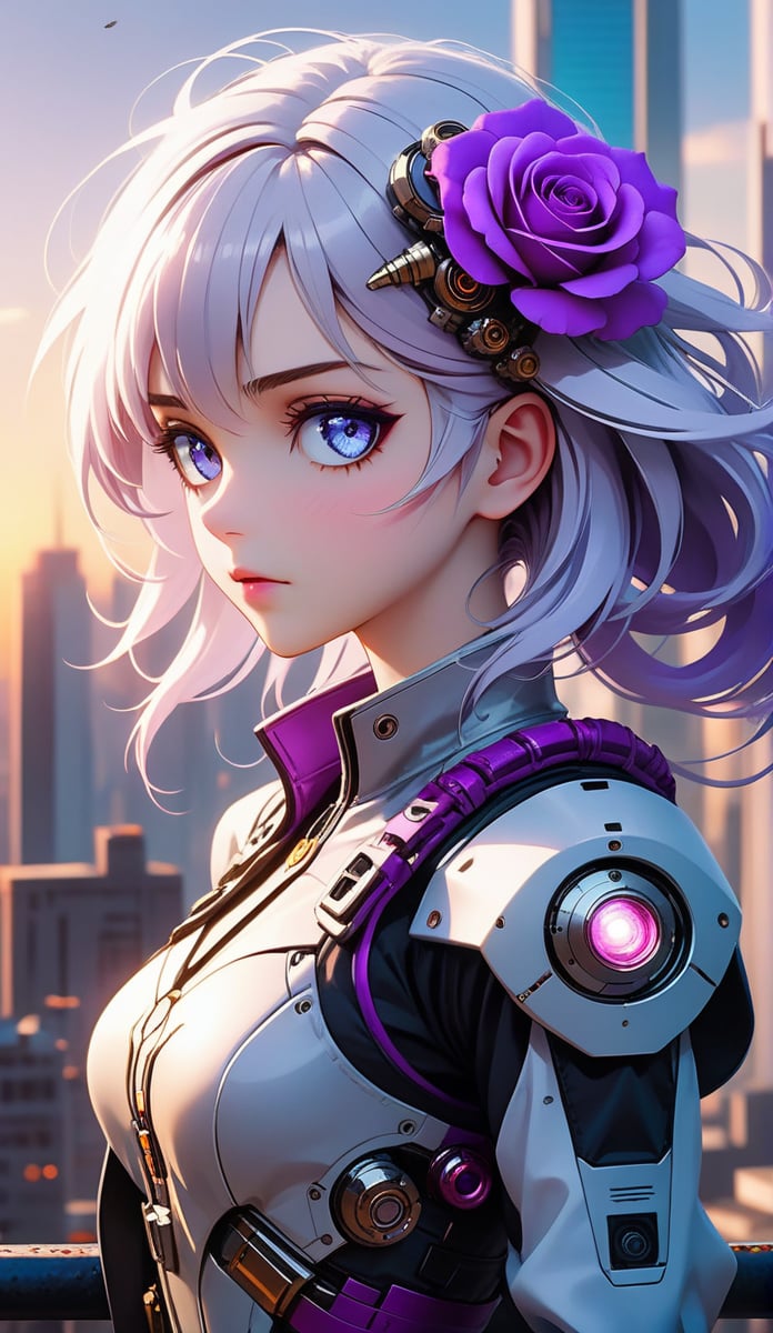 FULL BODY,mechanical prosthesis,mecha coverage,emerging dark purple across with white hair,fluorescent purple,cool movement,rose red eyes,beatiful detailed cyberpunk city, hd semirealistic anime cg concept art digital painting,horizon,cinematic photo official art,unity 8k wallpaper,ultra detailed,aesthetic,masterpiece,best quality,photorealistic,entangle,mandala,tangle,entangle,1girl,cowboy shot,ecstasy of flower,dynamic angle,the most beautiful form of chaos,elegant,a brutalist designed,vivid colours,romanticism,atmospheric . 35mm photograph,film,bokeh,professional,4k,highly detailed,skin detail realistic,ultra realistic,long hair,straight hair,eyes detail,blue eyes,light in eyes,sunset,((dieselpunk)),