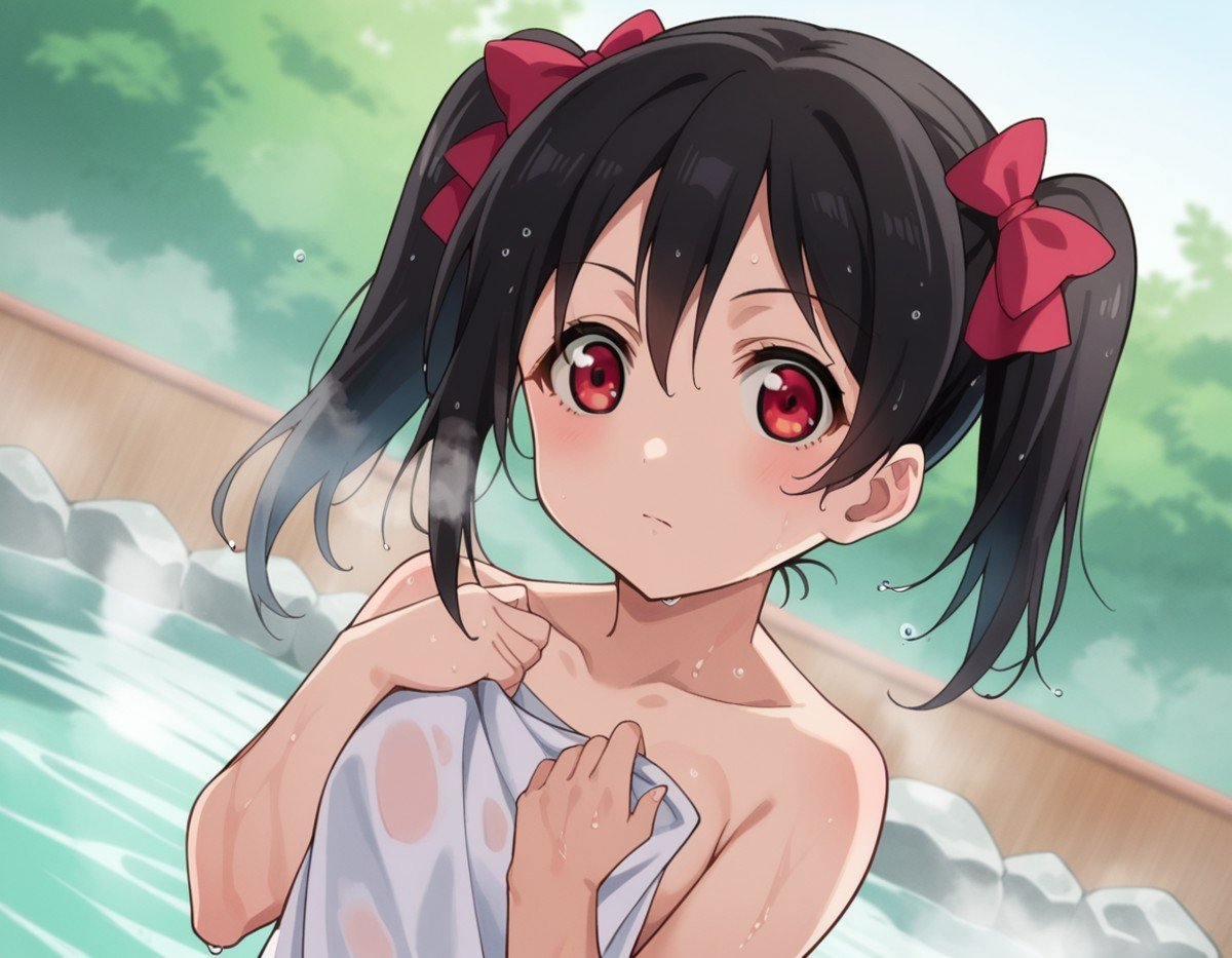 score_9, score_8_up, score_7_up, source_anime,nikoyazawa, <lora:nico-yazawa-s1-ponyxl-lora-nochekaiser:1>,niko yazawa, black hair, red eyes, bow, twintails, hair bow,nude, naked, outdoors, onsen, towel, naked towel, steam, bathing, nude cover, partially submerged, water, bath, steam censor, wet towel,looking at viewer, cowboy shot, dutch angle,