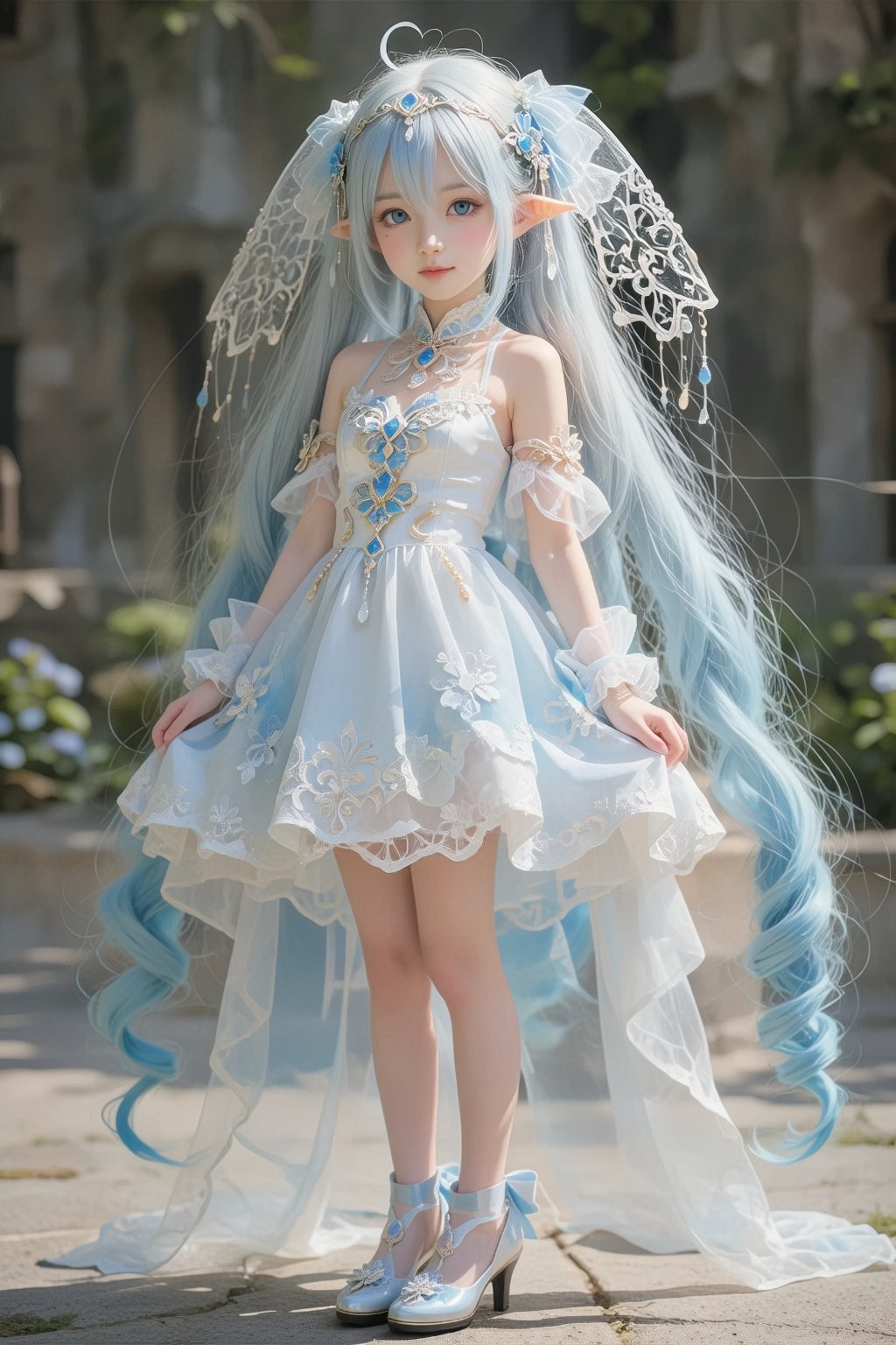 full body for a girl,  with strands cascading down her shoulders. She wears a delicate silver headpiece adorned with intri...